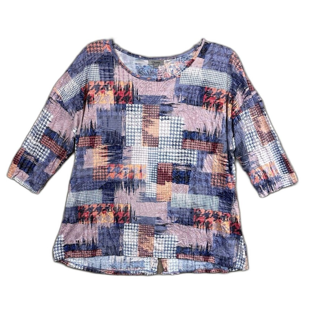 Shana Top Pullover Womens XL Abstract Print Faux Button Back Whimsical